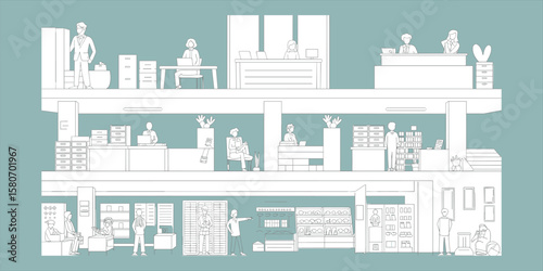 Multi-level office building, business staff working, reception area, workstations, storage, waiting room, clients, and employees interior layout, vector line art, modern workspace design
