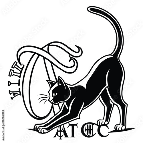 Elegant black cat stretching with stylized lettering silhouette