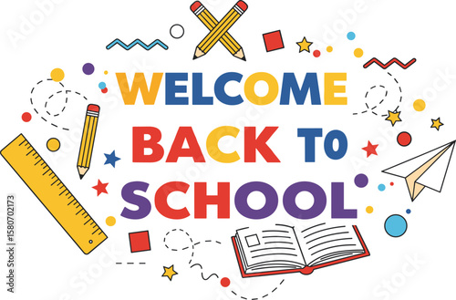 Colorful Announcement Design Featuring School Supplies and Books in a Creative Environment with a Fun and Engaging Concept