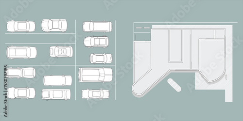 Top view parking lot with cars, building floor layout, vector architectural blueprint, urban planning design, car parking illustration, commercial space plan, city infrastructure map