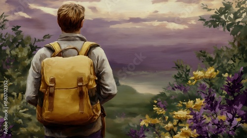 Backpacker enjoying scenic sunset over lush valley with vibrant wildflowers