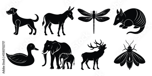 A collection of animal silhouettes are displayed on a white background