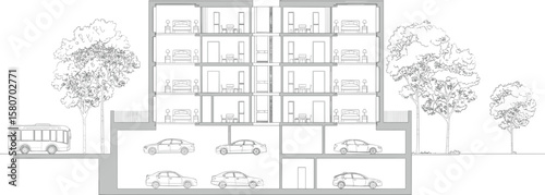 Architectural section drawing, modern apartment complex, residential building elevation, car parking basement, trees, bus, furniture layout, technical line art, blueprint style illustration