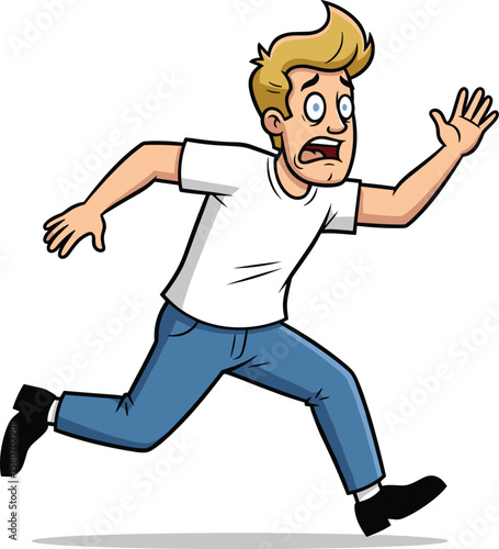 Cartoon man running in panic, scared character illustration, frightened male person escaping danger, emergency scene drawing, comic style action run, expressive fear pose