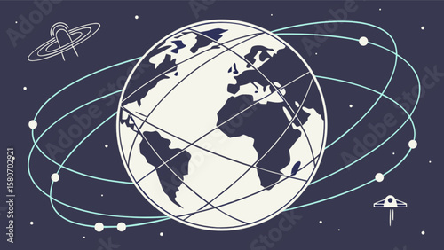 Earth globe with satellites and spaceships in outer space vector illustration stock graphic design
