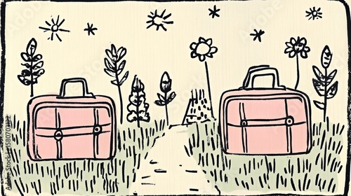Whimsical landscape with pastel suitcases and hand-drawn flowers