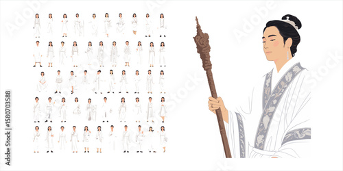 Traditional Asian character set illustration, ancient costume people, historical Chinese figure holding staff, traditional robe outfit, cultural heritage scene, vector character design collection