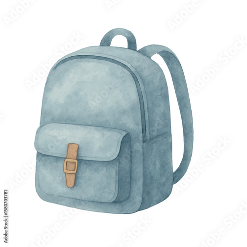 Vector blue watercolor backpack with front pocket and buckle. For school-themed designs, back-to-school graphics, student supplies, and educational illustrations