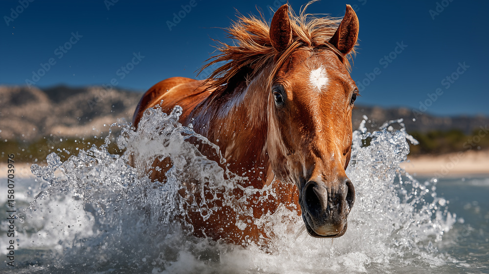 Fototapeta premium Horse running in the water on the beach with splashes of water