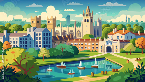 Panoramic view of Cambridge University with its traditional architecture, green spaces, and the River Cam flowing through the city center