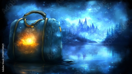 Magical suitcase and enchanted castle reflections in a dreamlike nightscape