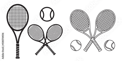 single Tennis racket and ball, two crossed rackets and tennis ball icon