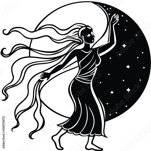 Black dress fashion illustration: a beautiful woman's silhouette with flowing hair and elegant design