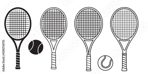 single Tennis racket and ball, two crossed rackets and tennis ball icon