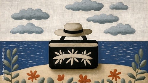 Beach scene with tropical bag and straw hat under cloudy sky