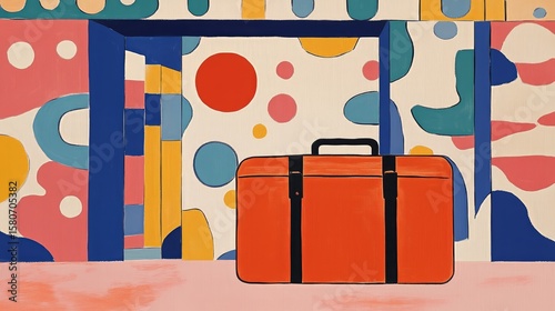 Bold abstract art with red suitcase and geometric patterns