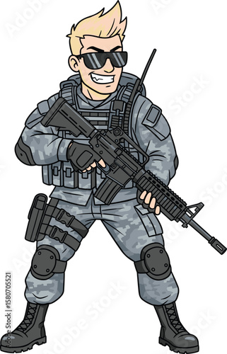 Cool cartoon soldier with rifle, modern army commando character, tactical gear illustration, military man in uniform, special forces cartoon figure, armed combat hero