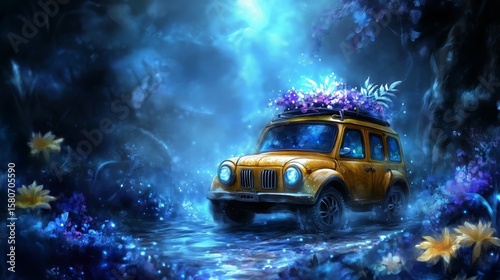Enchanted journey: vintage car with floral arrangement in mystical forest at night