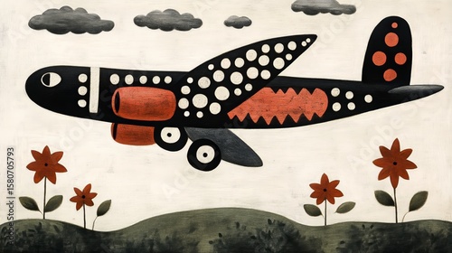 Whimsical airplane art with polka dots and floral landscape in playful style