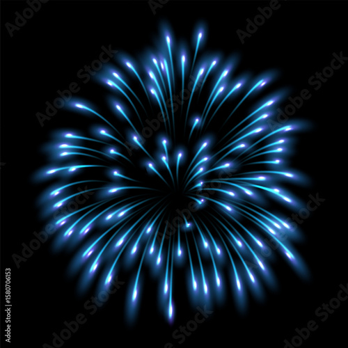 Fireworks salute with shining sparks, vector bright blue blur explosion festive firecracker burst, pyrotechnic fire