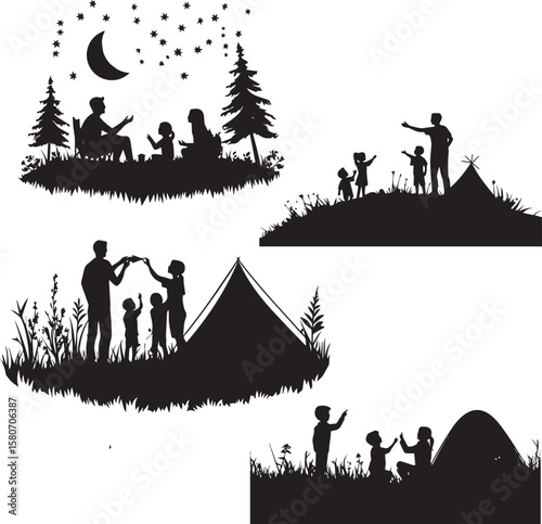 Silhouette of a Family Camping Under the Stars, Enjoying Quality Time Together with a Tent and Firelight, Representing Family Bonding and Outdoor Adventures