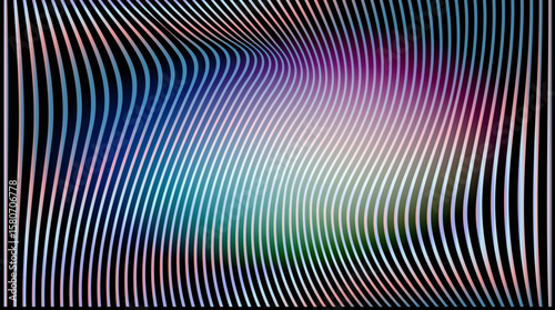 Vector illustration in modern op-art style with wavy lines and a fluid optical effect. Theme: illusion and motion, featuring blue, purple, green, and yellow gradients blending on a black background.
