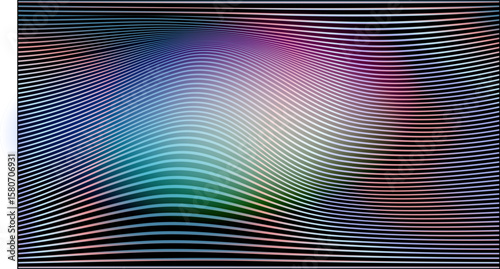 Vector illustration in modern op-art style with wavy lines and a fluid optical effect. Theme: illusion and motion, featuring blue, purple, green, and yellow gradients blending on a black background.
