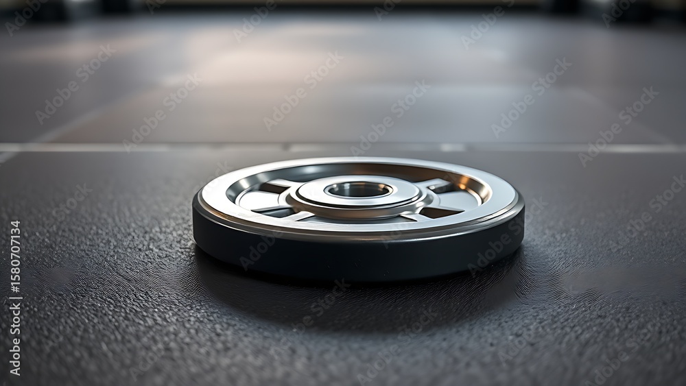 A single weight plate resting on a gym floor, showcasing metallic reflections and minimalistic design. A single weight plate resting on a gym floor, showcasing metallic reflections and minimalistic design.