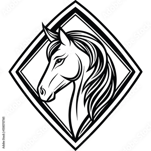 Elegant horse head silhouette emblem with stylized mane and diamond frame