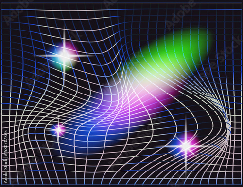 Vector illustration features a futuristic, op-art style with warped grid lines and glowing colorful light effects. The theme is digital space, blending black, blue, green, pink, with curvy shapes.