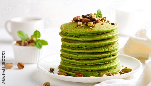 Stacked matcha pancakes with nuts and chocolate