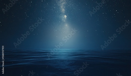 Night sky over a dark, rippled ocean.  Stars and a milky way streak across a deep blue night.  Calm, reflective water surface