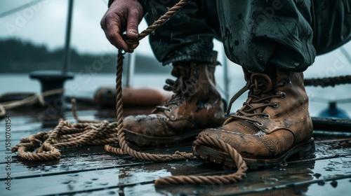 Maritime Worker Tying Rope on a Boat Deck Amidst Overcast Weather, Showcasing the Grit of a Seafaring Life