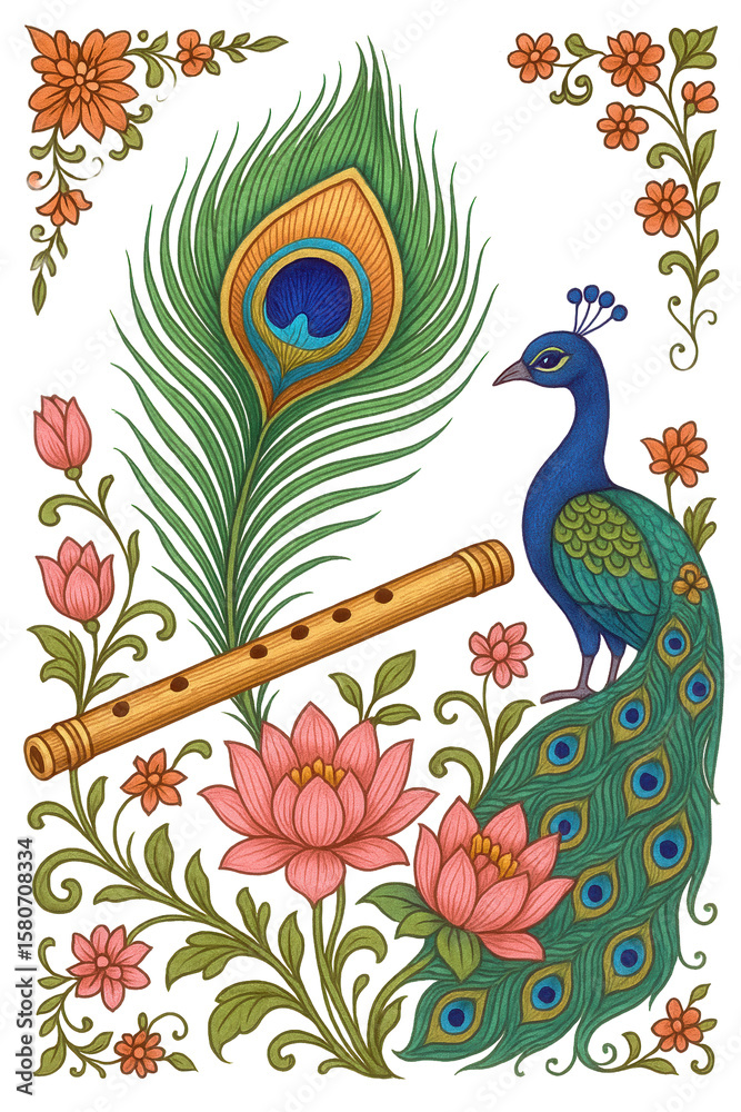 Fototapeta premium Vibrant peacock with Krishna's flute, lotus flowers, folk art border, traditional Indian spiritual motif