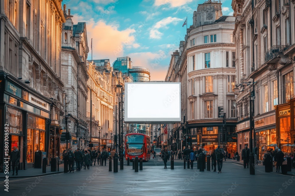 Fototapeta premium White billboard mockup on London Piccadilly street above traditional British shops, blank ad space for outdoor commercial use, urban road with historic facades, daytime city atmosphere