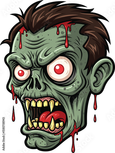 Scary cartoon zombie head, horror undead face illustration, creepy green monster, blood dripping zombie art, screaming infected creature, Halloween skull vector graphic