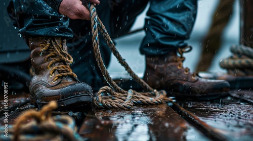Rain-soaked Sailor's Boots: A Close-Up of a Mariner Handling Ropes on a Wet Wooden Deck in Harsh Weather Conditions