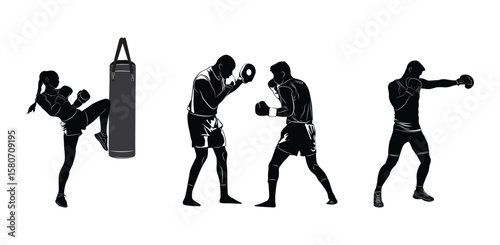 Boxing and Muay Thai Training Silhouette Vector Set