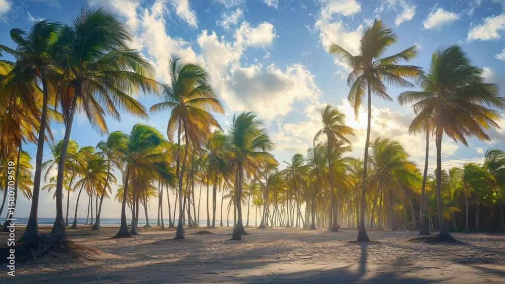 A serene tropical beach scene with swaying palm trees and bright skies. A serene tropical beach scene with swaying palm trees and bright skies.