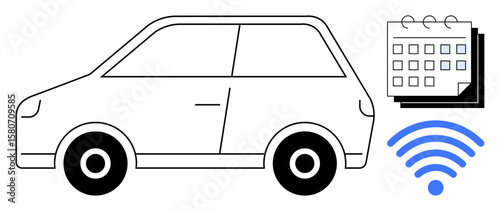 Small car silhouette beside a stacked calendar and wireless signal. Ideal for auto booking, smart technologies, connectivity, scheduling, mobility, innovation, smart transport. Simple flat metaphor