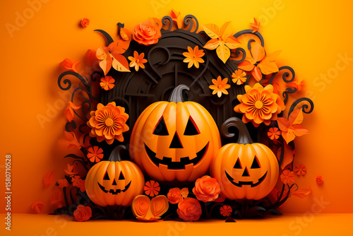 Three Halloween pumpkins with smiling faces surrounded by flowers on an orange background, festive seasonal graphic resource, illustration