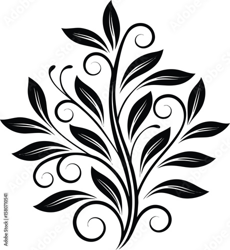 Black floral swirl ornament with leaves and tendrils vector