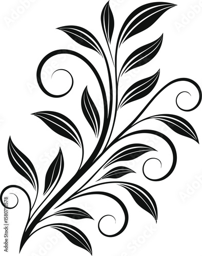 Black floral vine with swirling tendrils and pointed leaves white