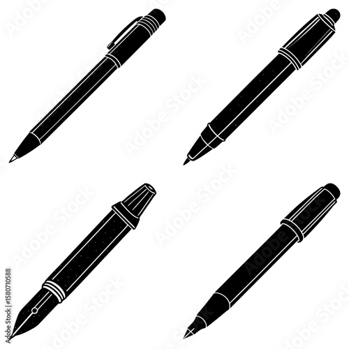 Illustration showcasing four different types of pens in black and white on a plain white background