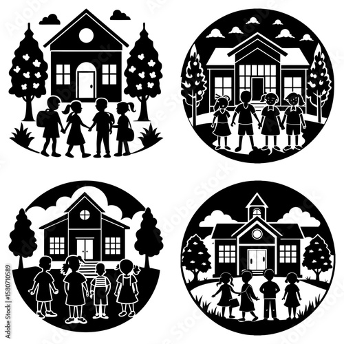 Four circular designs featuring children at school buildings in black and white silhouette style art