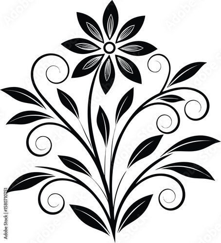 Black stylized flower with swirling leaves and petals vector