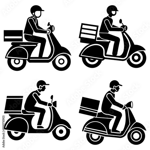 Four black and white vector illustrations of delivery drivers on scooters with delivery boxes on the back