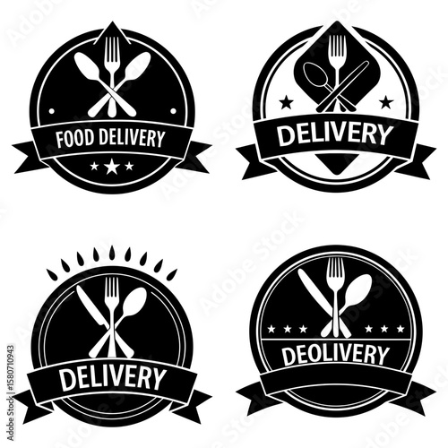 Collection of black and white delivery logos with crossed cutlery and ribbons for food services and restaurants