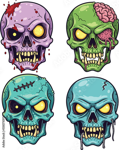 Set of zombie skulls, creepy undead heads, colorful horror illustrations, scary Halloween skulls, detailed cartoon zombies, spooky monster faces, brain-eating ghouls, dripping gore designs