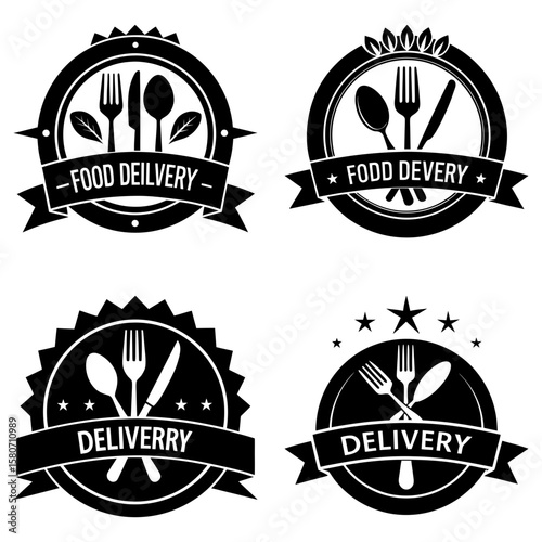A collection of four black and white food delivery logos featuring cutlery and decorative elements design